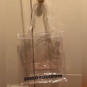 NWT 6 piece set Paco Rabanne large clear tote and $1 million mini plus makeup